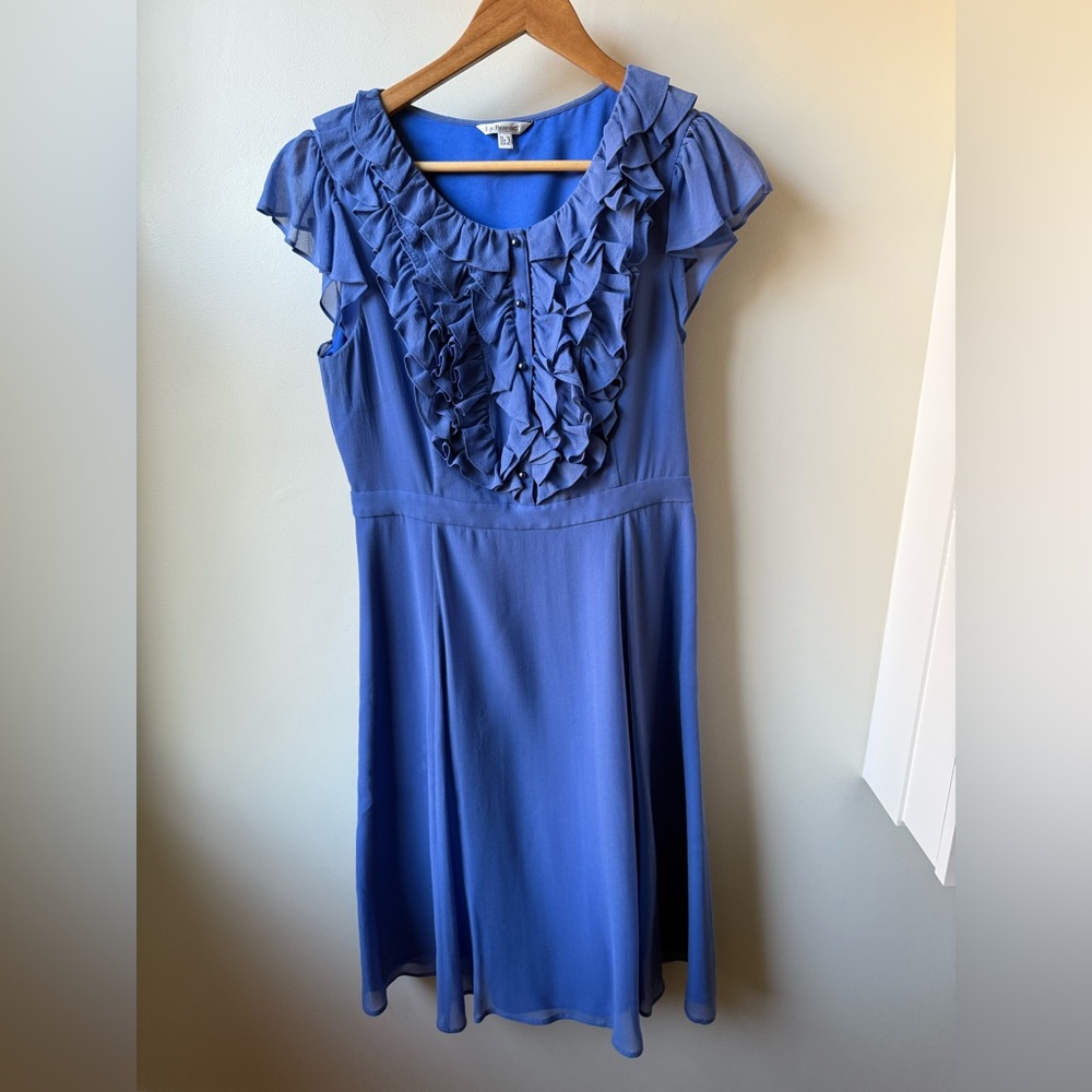 LK BENNETT Silk Chiffon Ruffle Dress Blue Coquette Classic Old Money Feminine 8